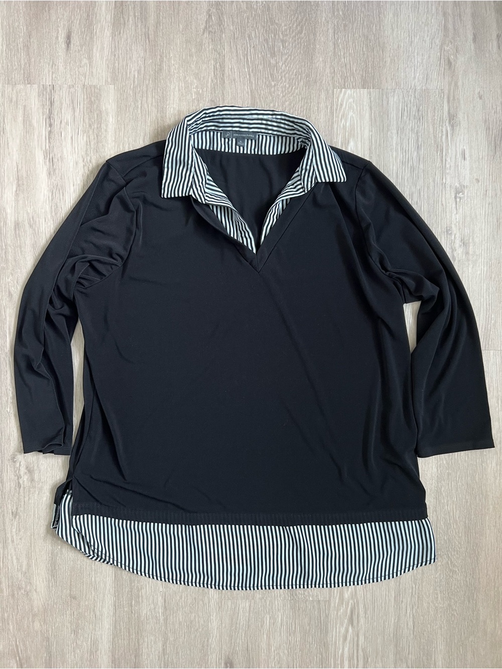 Adrianna Papell Black Pullover Blouse with Black & White Striped Trim Collar XL